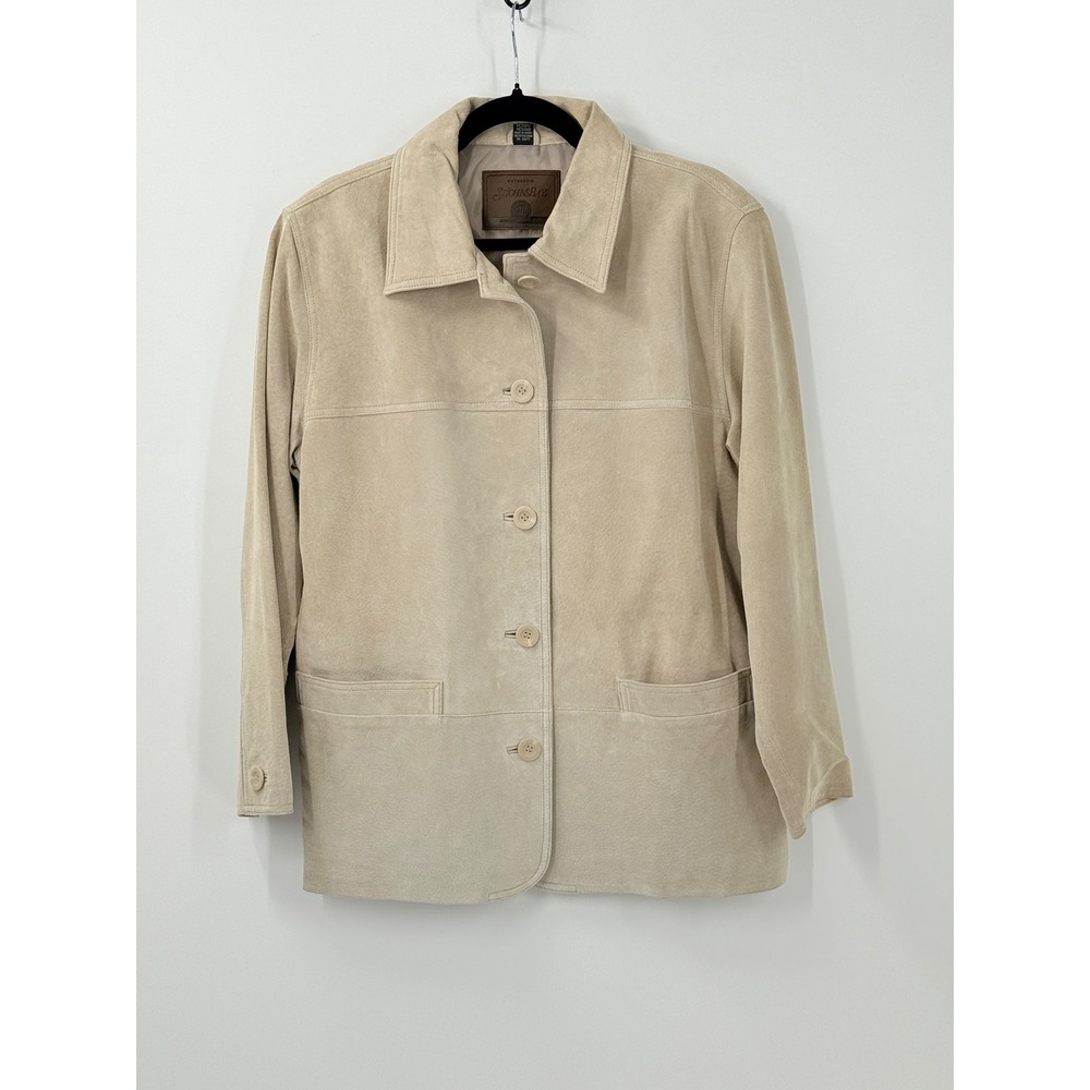 vtg 90s Suede Leather Jacket Womens sz M Tan minimalist western‎ country cowgirl